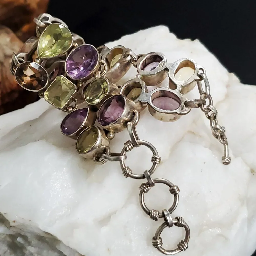 Heavy Sterling Silver Bracelet 925 Genuine Gem Amethyst Citrine Chocolate Topaz